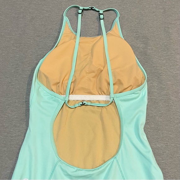 Zella Teal One Piece Swimsuit Small High Neck Crossback Athletic Shelf Bra - Picture 8 of 15